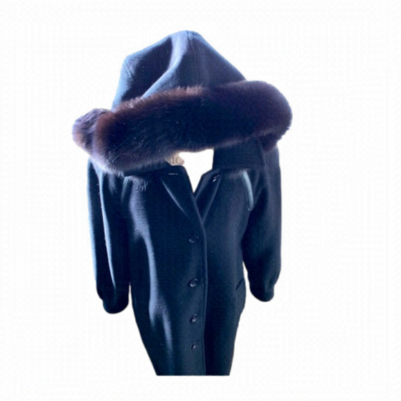 Fen-nelli Wool Cashmere Blend Coat Ladies Leather Accent Fur Trim 7/8 Vintage - Picture 1 of 10